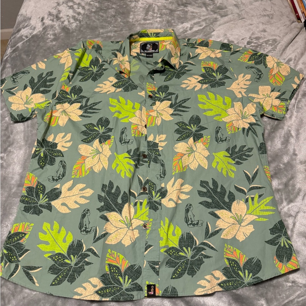 HiNano Green and Cream Casual Button Down Shirt with Floral Pattern